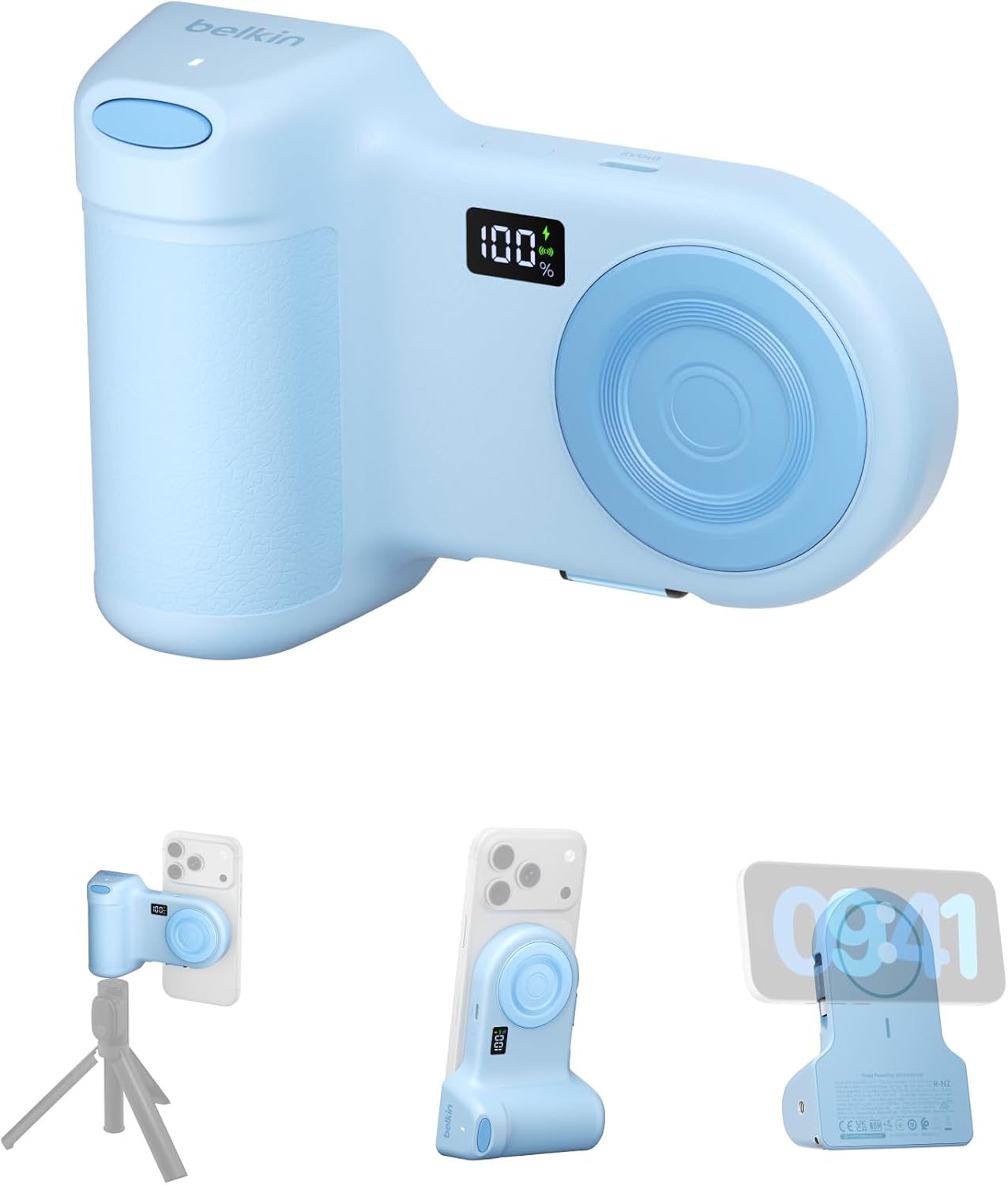 Stage PowerGrip, Manyetik Kablosuz Şarjlı Kamera Tutacağı 9300 mAh, Geri Çekilebilir USB-C Kablolu Power Bank, Bluetooth & Tripod Bağlantısı, LCD Ekran, iPhone ve Pixel için Şarj Cihazı