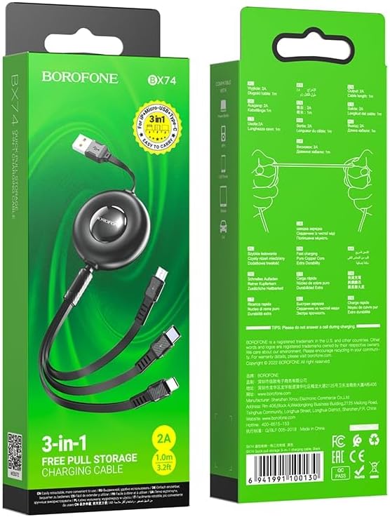Borofone 3in1 USB iPhone 17 ile Uyumlu Şarj Kablosu – Type-C, Lightning, Micro USB Çoklu Şarj Kablosu, 2A Hızlı Şarj, 1 Metre, TPE Kaplama, Aynı Anda 3 Cihaz Şarj Etme | BX74