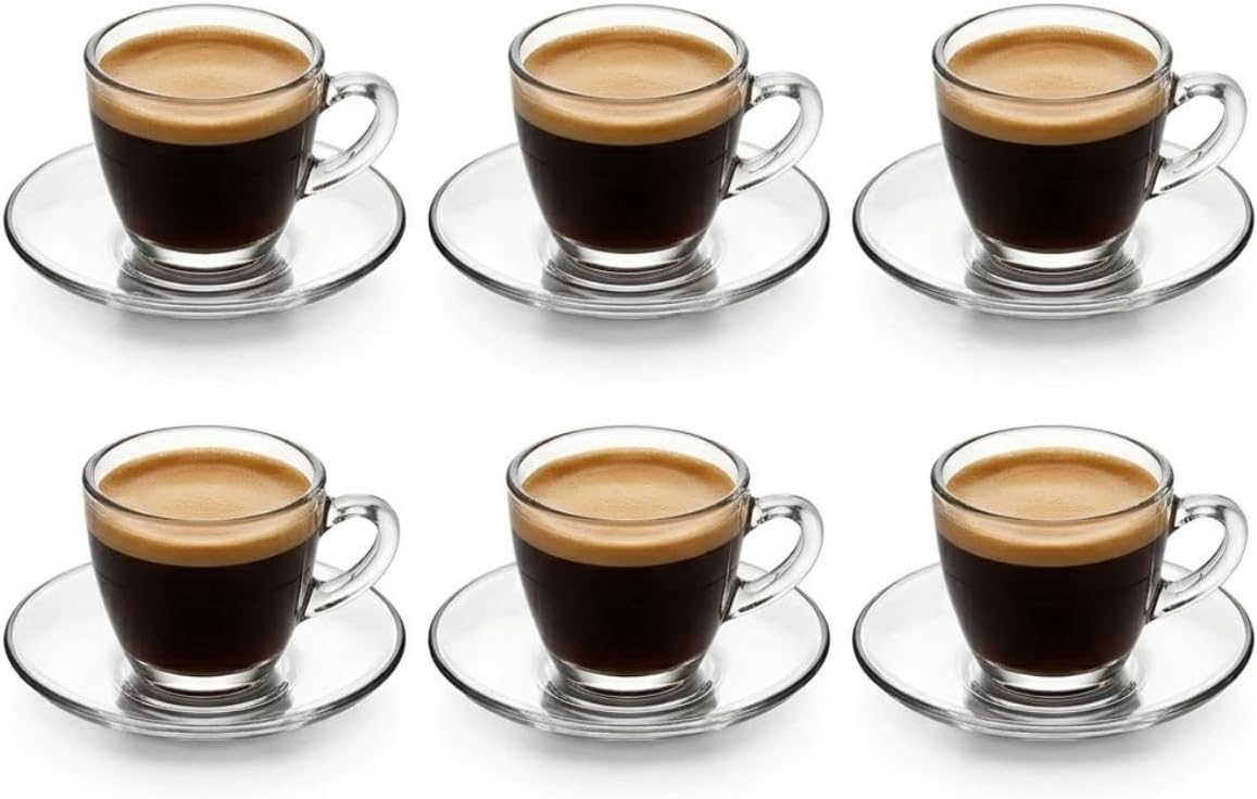 6 Kişilik Şeffaf Cam Kahve Fincan Takımı - 12 Parça Modern Espresso ve Türk Kahvesi Seti - Isıya Dayanıklı Cam Fincan ve Tabak Seti