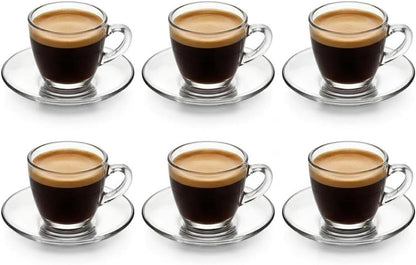 6 Kişilik Şeffaf Cam Kahve Fincan Takımı - 12 Parça Modern Espresso ve Türk Kahvesi Seti - Isıya Dayanıklı Cam Fincan ve Tabak Seti