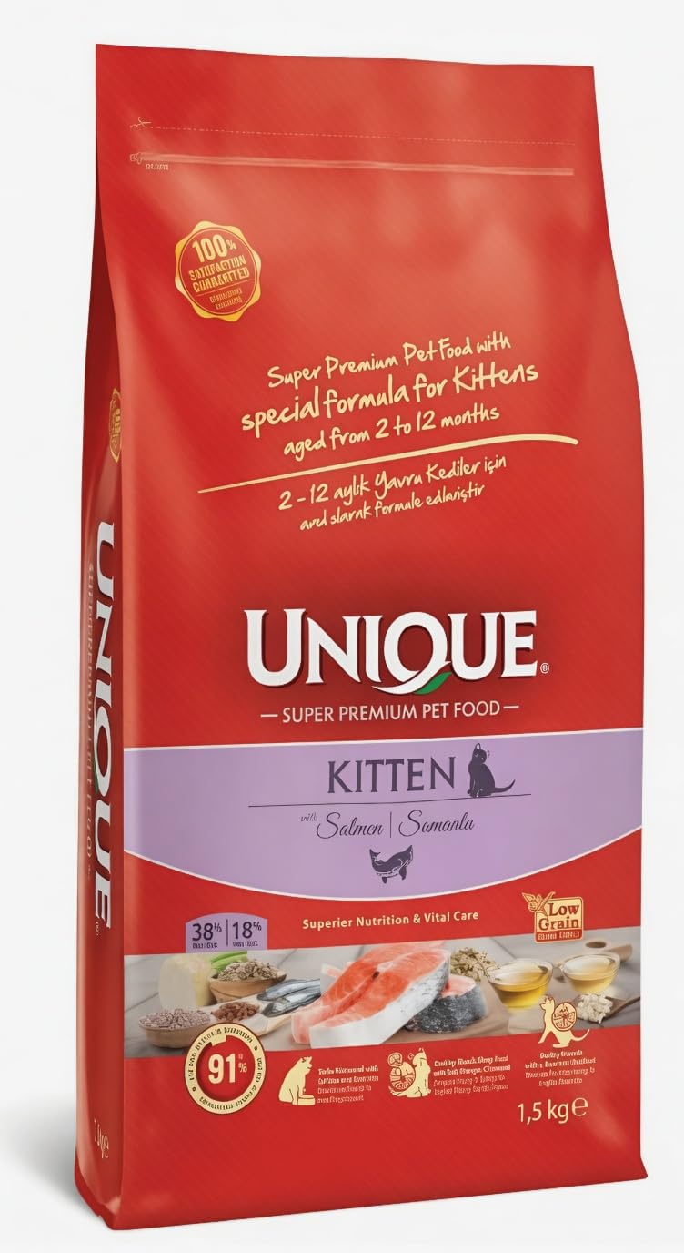 Unique Kitten Salmon Low Grain Yavru Kedi Maması, Somon Balığı Aromalı, 1,5 kg, 0-1 Yaş, Düşük Tahıllı, Yüksek Enerjili Formül