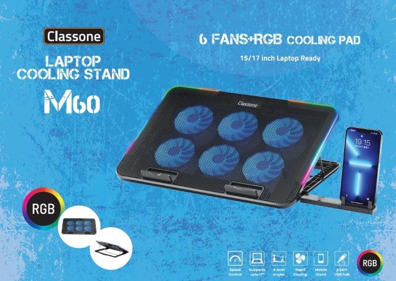 Gaming M60 Laptop Soğutucu, 2500 RPM,10 RGB ışık kontrolü, 15.6-17 inch, Hız kontrolü, 6 Büyük fan,Telefon standı, 2 USB