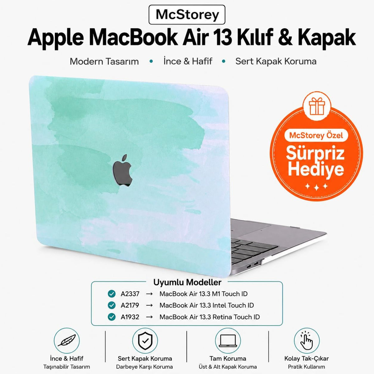 MacBook Air 13 İnç Kılıf A2337 M1 A2179 A1932 Uyumlu Hard Case Sert Kapak Suluboya Desenli UV Baskılı Koruyucu Kılıf İnce Hafif Laptop Kılıfı Açık Yeşil