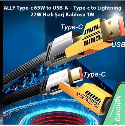 4-in-1 Usb-A Type-C To Lightning + Type-C 65w Hızlı Şarj Ve Data Kablosu (1,20mt)