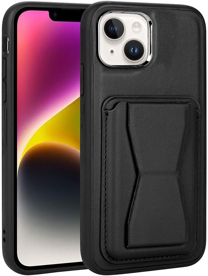 iPhone 14 Kılıf Pu Deri Kartlıklı Kamera Lens Korumalı Standlı Kapak Mem Siyah