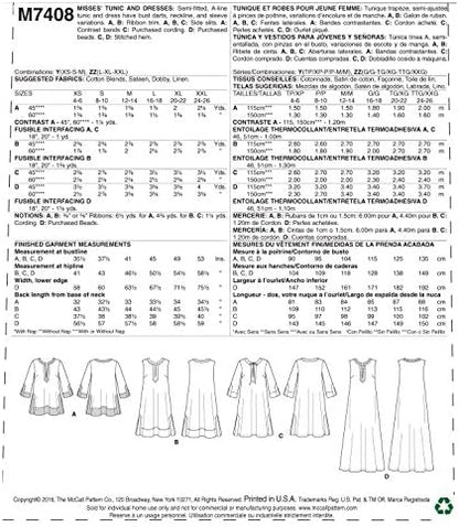 McCall's Patterns 7408 ZZ kesim deseni, tunik ve elbiseler için, kumaş, çok renkli, beden L – 2X boy
