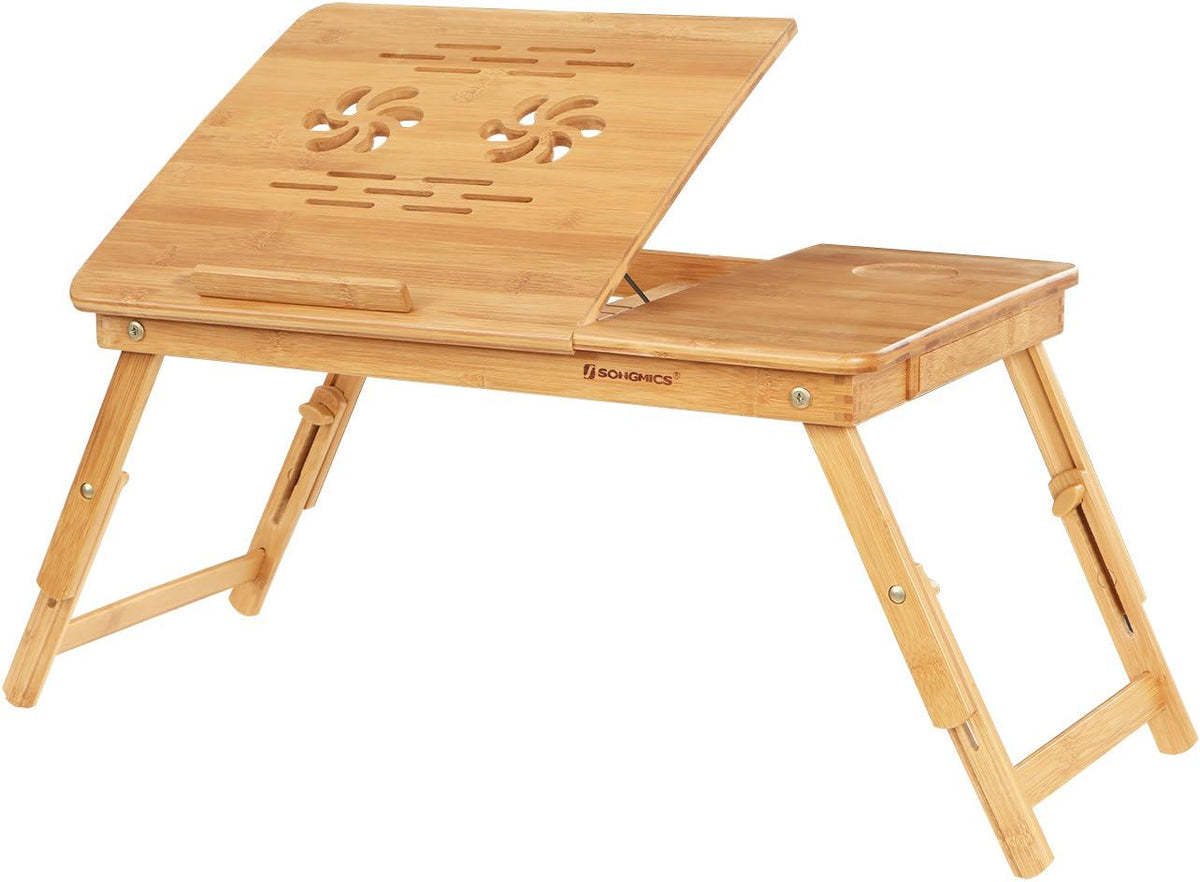 SONGMICS Bambu Dizüstü Bilgisayar Standı, Yükseklik Ayarlanabilir, Yatak Masası, 5 Eğim Açısı, Çekmeceli LLD001