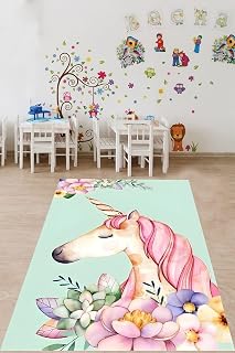 Pelangi Çiçeli Tek Boynuzlu At Yıkanabilir Kaymaz Taban Leke Tutmaz Çocuk Odası Halısı, Yeşil-Pembe 160 x 250