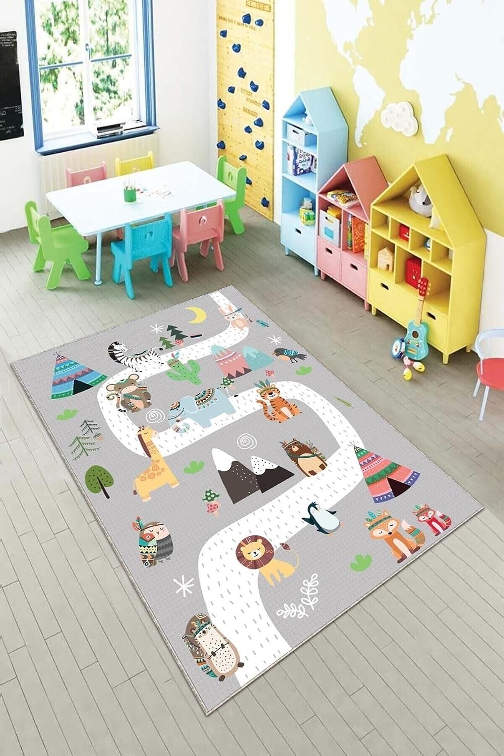 Pelangi Gri Hayvan Desenli Yıkanabilir Kaymaz Taban Leke Tutmazbebek Ve Çocuk Odası Halısı, Çok Renkli 80 x 500