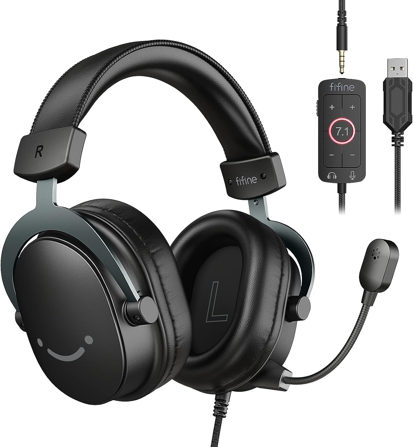 FIFINE PC Oyun Kulaklığı, 7.1 Surround Sesli USB Kulaklık, Çıkarılabilir Mikrofon, Kontrol Kutusu, PS5/PS4/Xbox/Switch için Kulak Üstü Kablolu Kulaklık, Black-AmpliGame H9