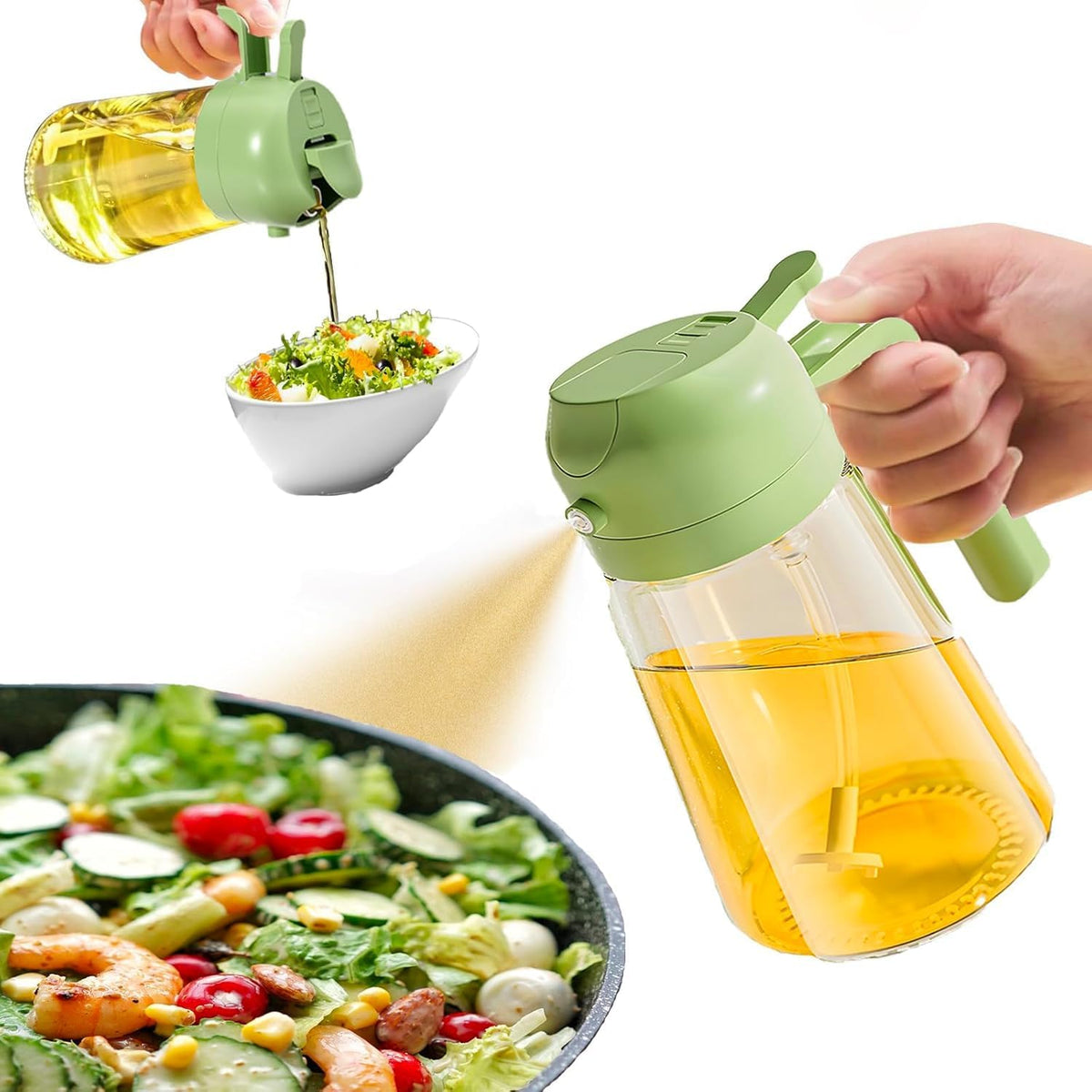 2'si 1 Arada Cam Sprey Yağdanlık ve Akıtmalı Şişe - 450ml Mutfak Yağ Püskürtücü - Air Fryer, Salata ve Yemek Hazırlığı İçin Sağlıklı Yağ Kontrolü - Sızdırmaz Kapaklı