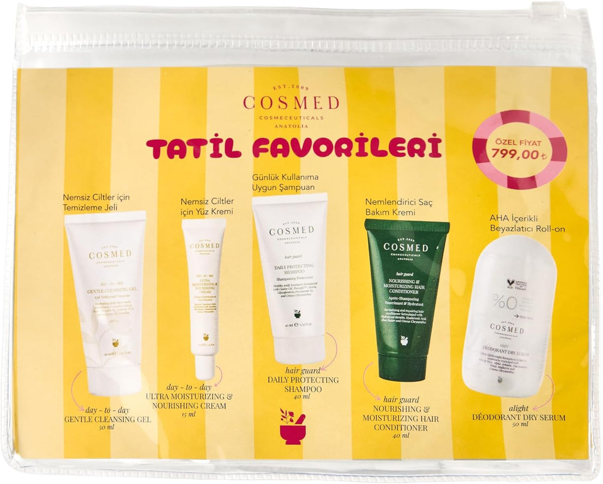 COSMED Tatil Favorileri Seti, 5 Parça Cilt ve Saç Bakım Ürünleri, Temizleme Jeli, Nemlendirici Krem, Şampuan, Saç Kremi, Deodorant