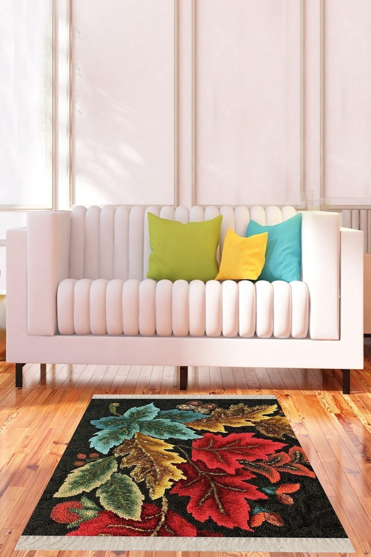 On The Clouds Yaprak Desenli Dijital Baskı Yıkanabilir Kaymaz Taban Modern Salon Halısı Yolluk MEG677, 100 x 400