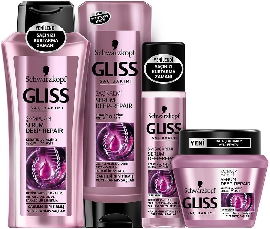 Schwarzkopf Gliss Serum Deep Repair Saç Bakım Seti, Şampuan 400ml + Saç Kremi 400ml + Sıvı Saç Kremi 200ml + Serum 100ml
