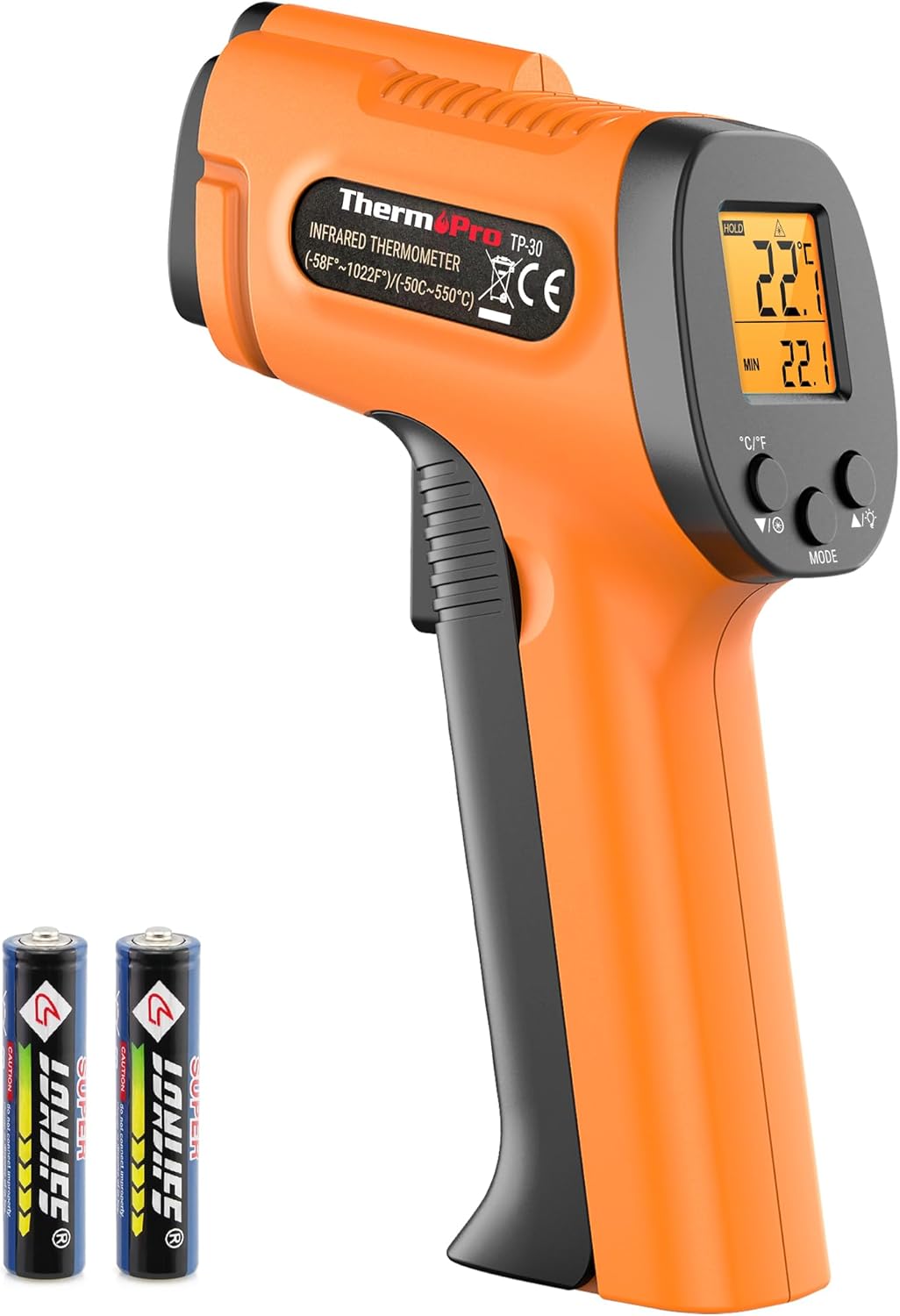ThermoPro TP30 Yüksek Hassasiyetli Profesyonel Kızılötesi Termometre, -50°C ila 550°C (-58°F ila 1022°F) Ayarlanabilir Emisiviteli Dijital Lazer Termometre (Vücut Kullanımı İçin Değildir)