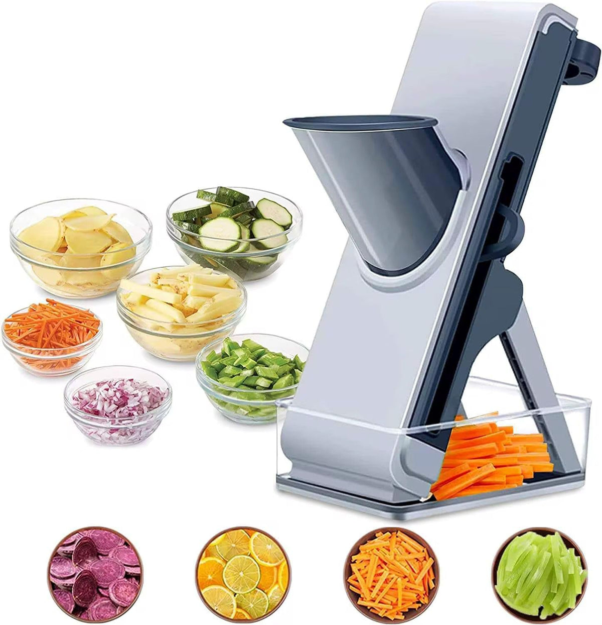 Profesyonel Basmalı Rende Doğrayıcı – 3 Bıçaklı Paslanmaz Çelik Kesme, Mandolin Doğrama ve Rendeleme Aleti – Sebze, Meyve, Peynir, Salata ve Pratik Mutfak Kullanımı İçin Ergonomik Tasarım
