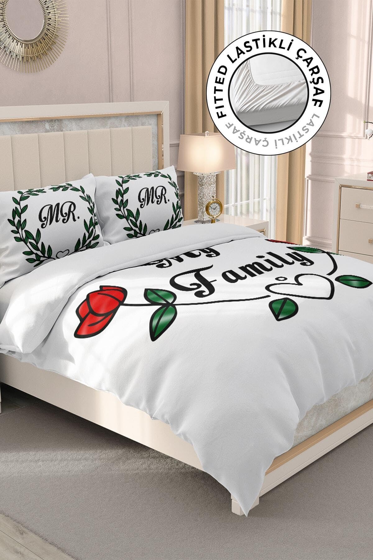MONOHOME%100 Pamuk Saten Çift Kişilik Nevresim Takımı We Are Family - Beyaz, MONOHOME32623