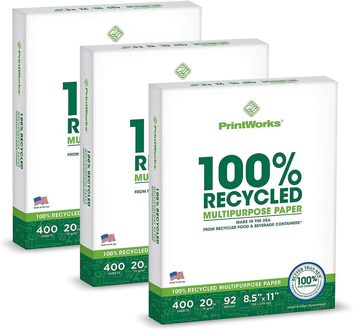 PrintWorks Yüzde 100 Geri Dönüşümlü Çok Amaçlı Kağıt, 9,1 kg, 92 Parlak, 8,5 x 11 inç, 3 paket 400 yaprak, toplam 1200 yaprak (00018-3), Beyaz