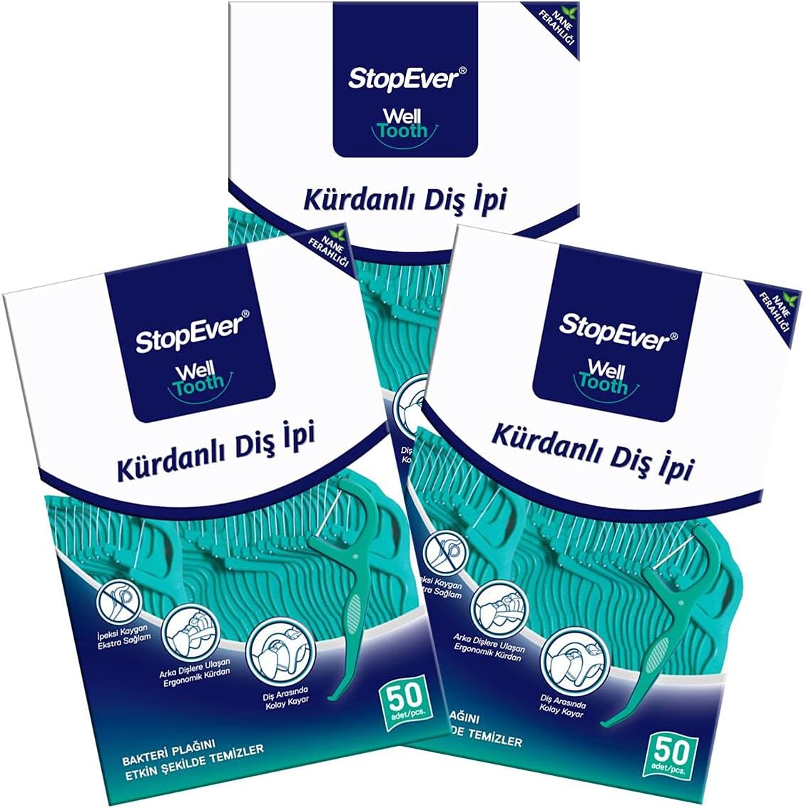 StopEver Well Tooth Kürdanlı Diş İpi 3'lü Paket | Nane Aromalı | 150 Adet (3 x 50) | Diş Arası Temizliği, Ağız Hijyeni ve Günlük Kullanım için İdeal