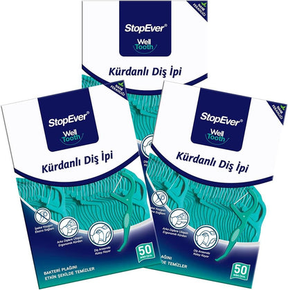 StopEver Well Tooth Kürdanlı Diş İpi 3'lü Paket | Nane Aromalı | 150 Adet (3 x 50) | Diş Arası Temizliği, Ağız Hijyeni ve Günlük Kullanım için İdeal