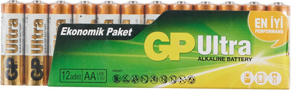 GP Batteries GP15AU Ultra Alkalin LR6/E91/AA Kalem Pil, 1.5 Volt, 12'li Paket, Bakır/Siyah/Beyaz