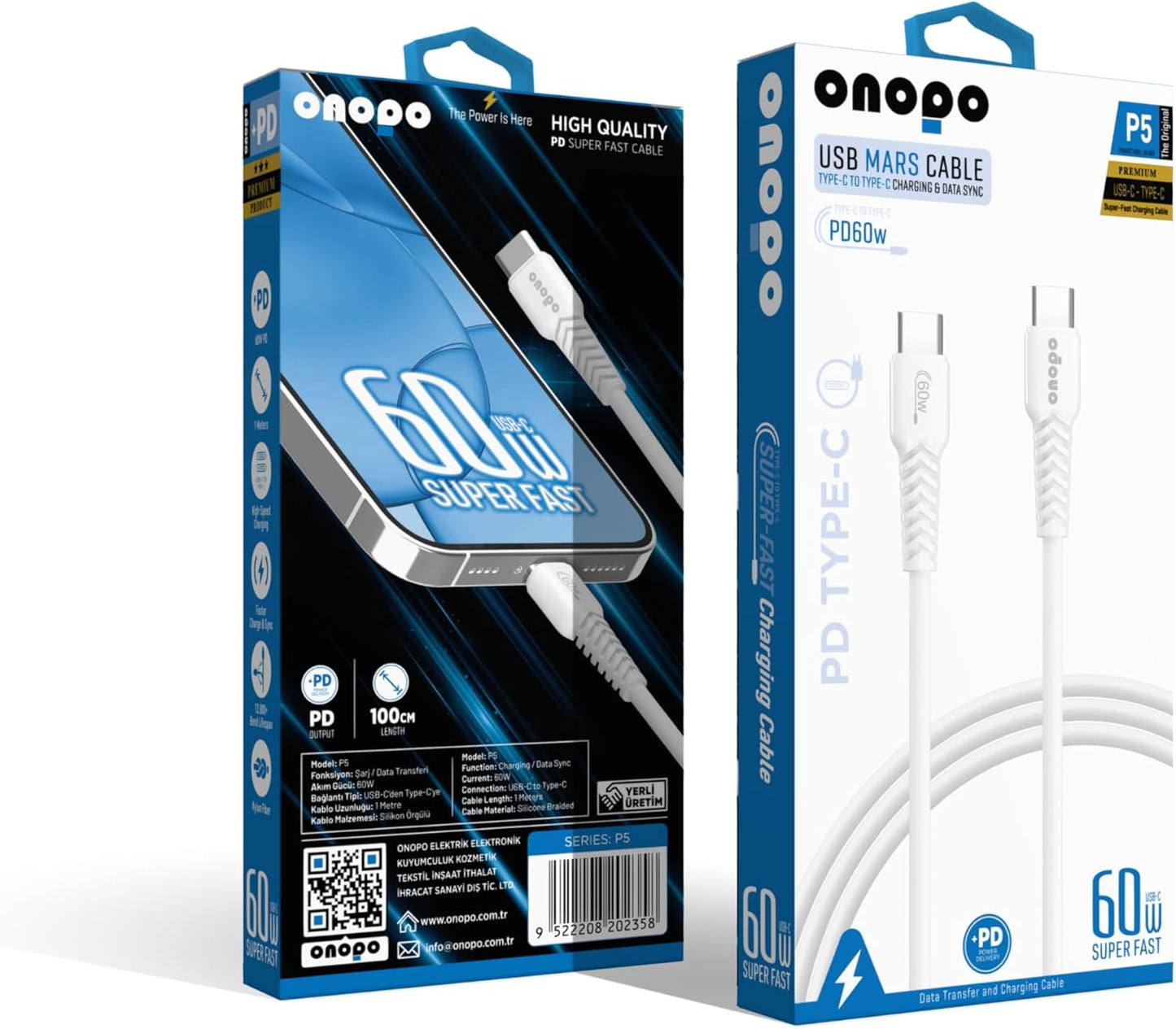 Onopo Android Uyumlu Type-C To Type-C PD 25W Hızlı Şarj ve Data Kablosu 100CM - P5 | 25W Hızlı Şarj | 480Mbps Veri Transferi | 2 Yıl İthalatçı Garantisi