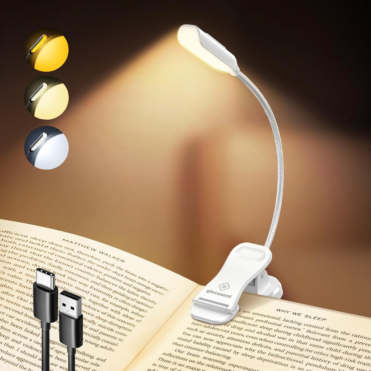Glocusent Söğüt Yatakta Kitaplar için Okuma Işıkları, 10LED Parlak Kitap Işığı, 3 Renk ve 3 Parlaklık, Şarj Edilebilir Kitap Işığı 80 saat sürer, Okuma Işığında Hafif Klips (beyaz)