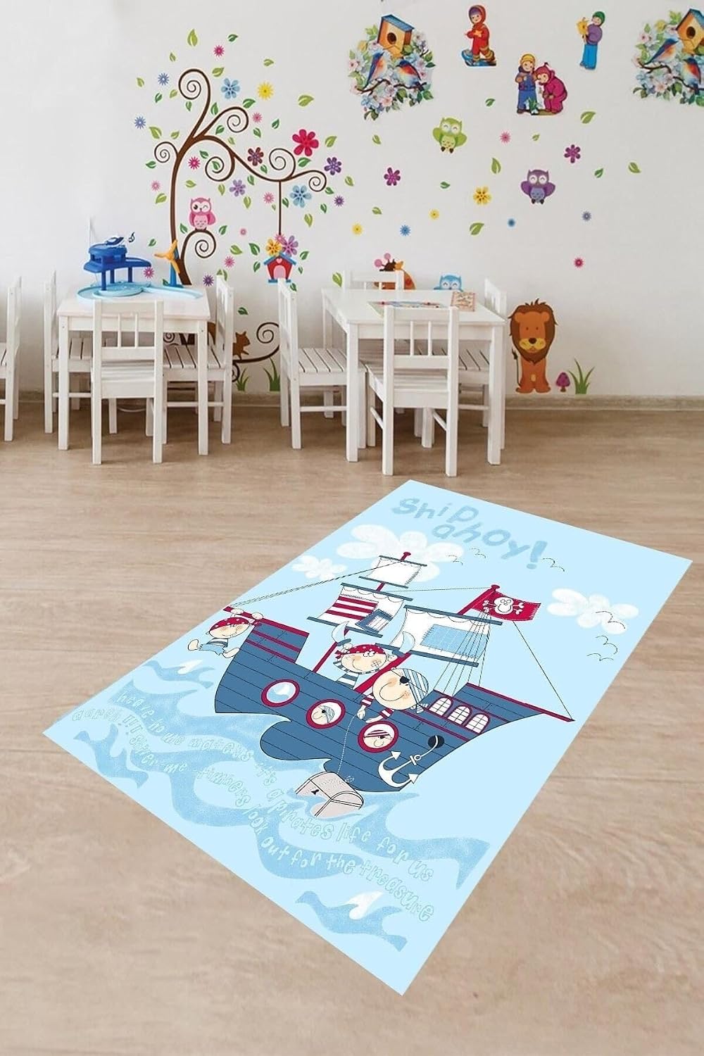 Pelangi Denizci Korsan Desenli Dijital Baskı Yıkanabilir Kaymaz Taban Çocuk Odası Halısı, Turkuaz 160 x 300