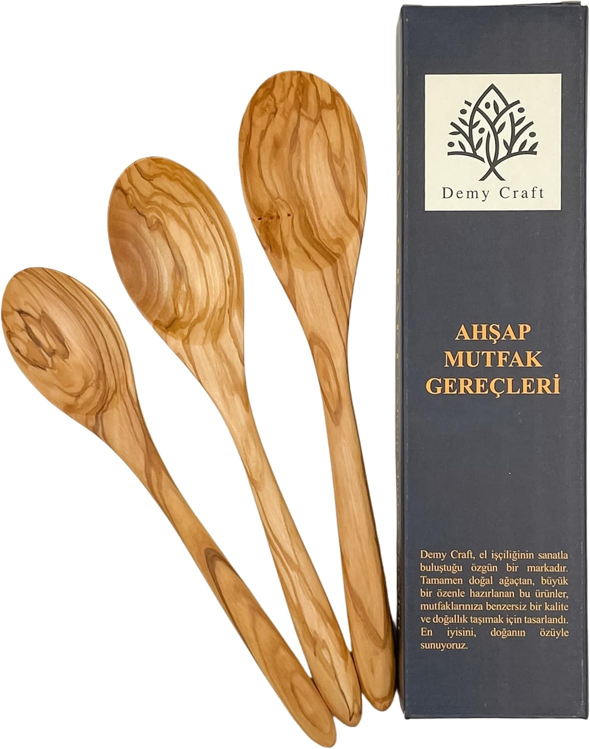 El Yapımı Zeytin Ağacı Mutfak Seti – 3 Parça Tahta Kaşık | Doğal Ahşap | 30 cm