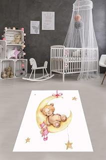 Pelangi Ayda Sallanan Ayıcık Desen Renkli Dijital Baskı Yıkanabilir Kaymaz Taban Bebek Ve Çocuk Odası Halısı, Beyaz-Bal 180 x 280