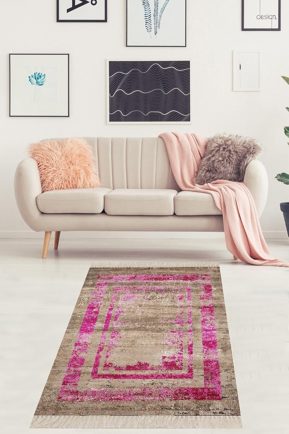 Pelangi Eskitme Model Fuşya Çerçeveli Dijital Baskı Yıkanabilir Kaymaz Taban Salon Halısı Ve Yolluk, Kahve-Pembe 180 x 280