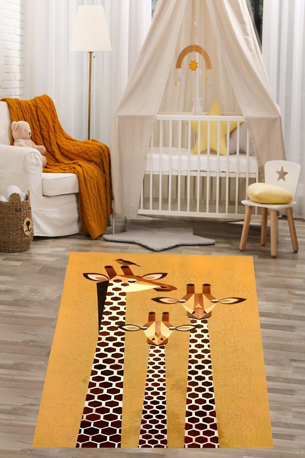 Pelangi Zürafa Arkadaşlar Desenli Yıkanabilir Kaymaz Taban Leke Tutmaz Çocuk Odası Halısık, Koyu Açık Kahve 160 x 350, 76420261603501