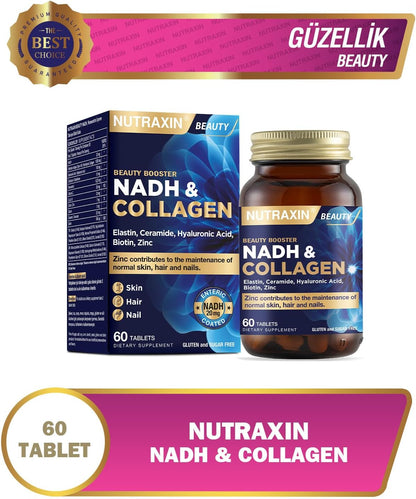 Nutraxin NADH & Collagen | Tip I-III Kolajen + NADH + Hyaluronik Asit | Cilt, Saç, Tırnak ve Enerji | 60 Tablet