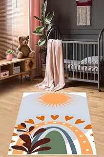 Pelangi Gökkuşağı Güneş Kalp İskandinav Stil Yıkanabilir Kaymaz Taban Leke Tutmaz Çocuk Odası Halısık, Turuncu-Mavi-Beyaz 180 x 250, 76420411802501