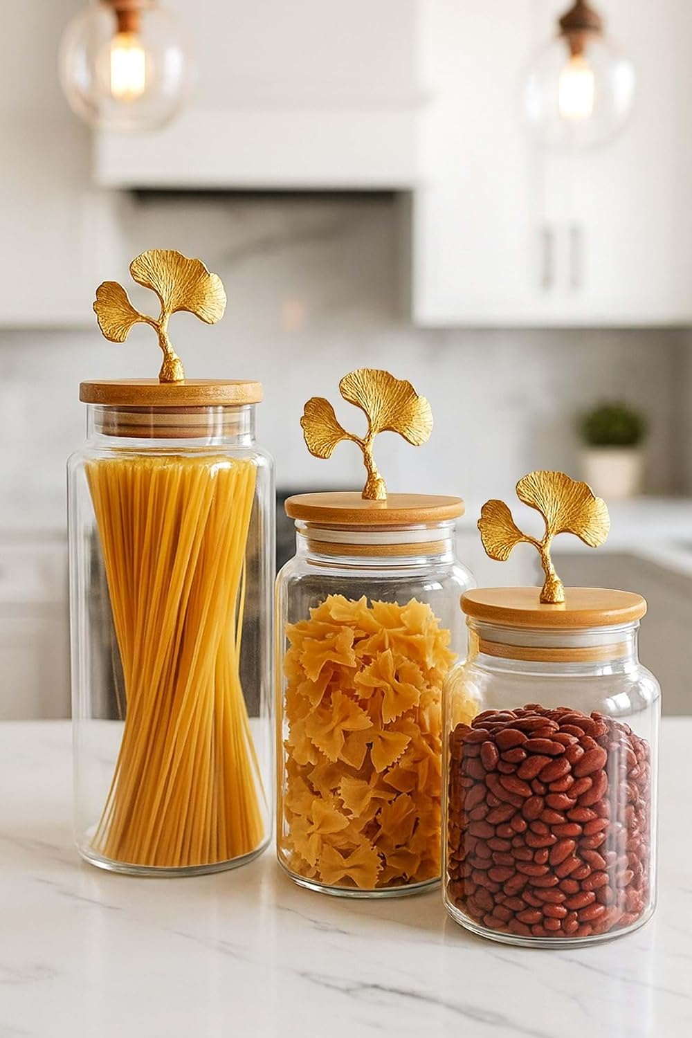3'Lü Bambu Kapaklı Metal Ginkgo Figürlü Şeffaf Cam Kavanoz Şeffaf Cam Saklama Kabı 635/890/1400Ml