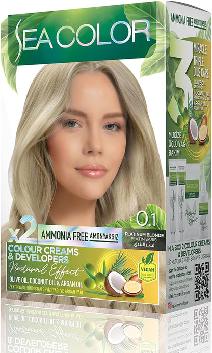 Amonyaksız, Vegan, Doğal, Besleyici Kalıcı Saç Boyası%100 Beyaz Kapama (1 PAKET 2 x 50 ml Boya & OKSİDAN) (Platin Sarısı 0.1)