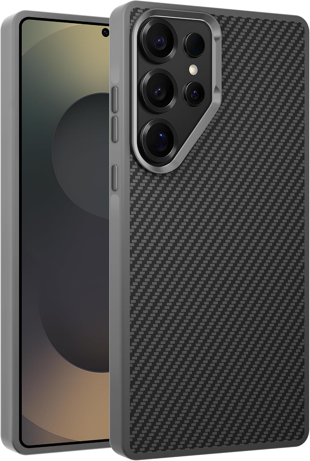 Galaxy S25 Ultra için Karbon Serisi Ultra Güçlü Metal Tuşlu ve Lens Çerçeveli Darbe Emici Karbon Fiber Görünümlü Silikon Kılıf (Gri, Galaxy S25 Ultra)