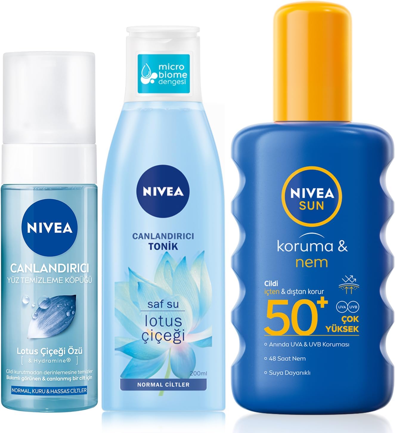 SUN SPF50 Güneş Koruyucu Vücut Spreyi 200ml, Yüz Temizleme Köpüğü 150ml, Canlandırıcı Tonik 200ml