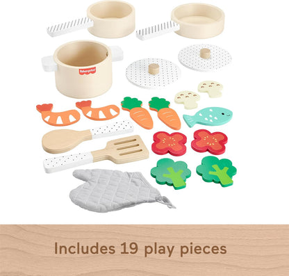 Fisher-Price Ahşap Mutfak Seti Okul öncesi çağdaki çocuklar için 19 parçalı Fisher-Price Ahşap Mutfak Seti HXT83