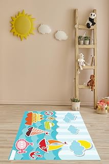 Pelangi Denizci Desenli Denizaltı Dümen Yelkenli Yıkanabilir Kaymaz Taban Leke Tutmaz Çocuk Odası Halısı, Pembe-Mavi-Yeşil 80 x 350, 903868008880350