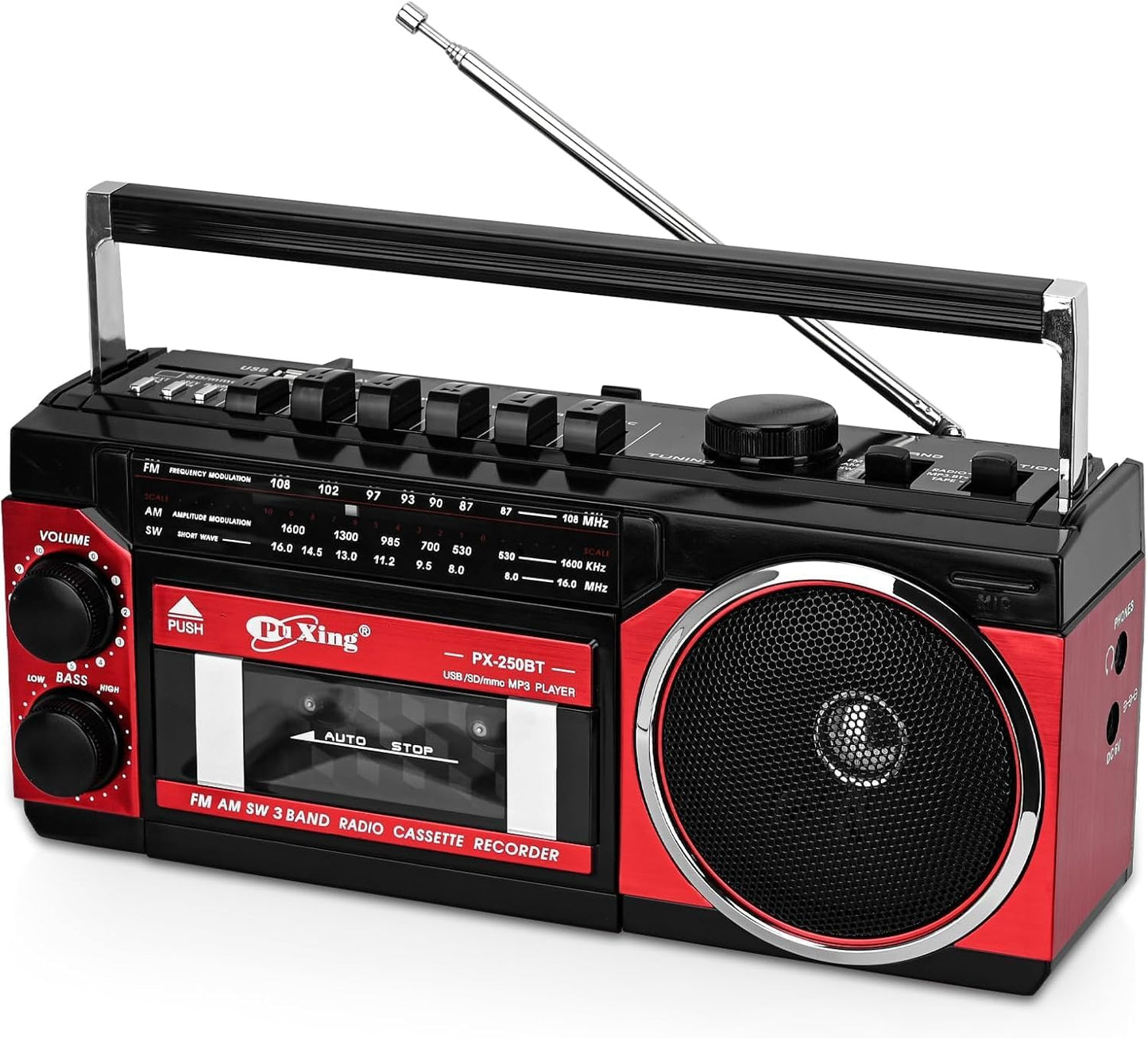 Coverzone Kaset Çalar, Taşınabilir Kaset Teyp Çalar, FM/AM/SW Frekans Bandı Destekli Kaset Kaydedici, Kaset/Bluetooth/Kart Girişi/Kayıt Özellikli, Pilli/Elektrikli Kullanılabilir, PX-250BT (Kırmızı)