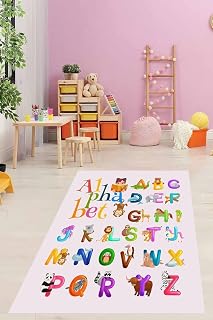 Pelangi Eğitici Alfabe Harfler ve Hayvanlar Desenli Yıkanabilir Kaymaz Taban Leke Tutmaz Çocuk Odası Halısı, Beyaz-Kahverengi-Yeşil 80 x 400, 903868013980400