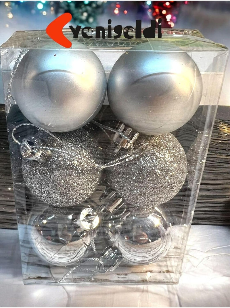 6 Adet Gümüş Renk 5 Cm Yılbaşı Topu, Noel Topu, Çam Ağacı Topu, Süs Topu T-48, Gümüş