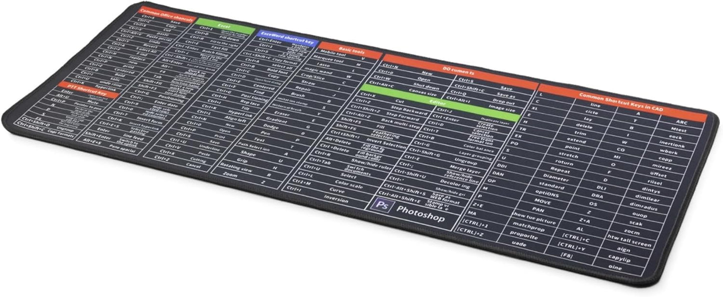 Kısayol XL Mousepad | 70x30 cm Masa Matı | Excel, Word, Photoshop, CAD Tüm Kısayollar Elinizin Altında | Çift Dikişli Kenarlar, Kaymaz Taban | Ofis ve Verimlilik İçin Şık ve İşlevsel Tasarım
