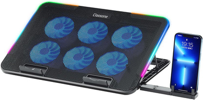 Gaming M60 Laptop Soğutucu, 2500 RPM,10 RGB ışık kontrolü, 15.6-17 inch, Hız kontrolü, 6 Büyük fan,Telefon standı, 2 USB