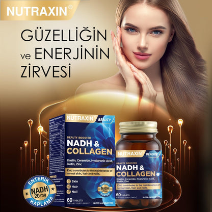 Nutraxin NADH & Collagen | Tip I-III Kolajen + NADH + Hyaluronik Asit | Cilt, Saç, Tırnak ve Enerji | 60 Tablet