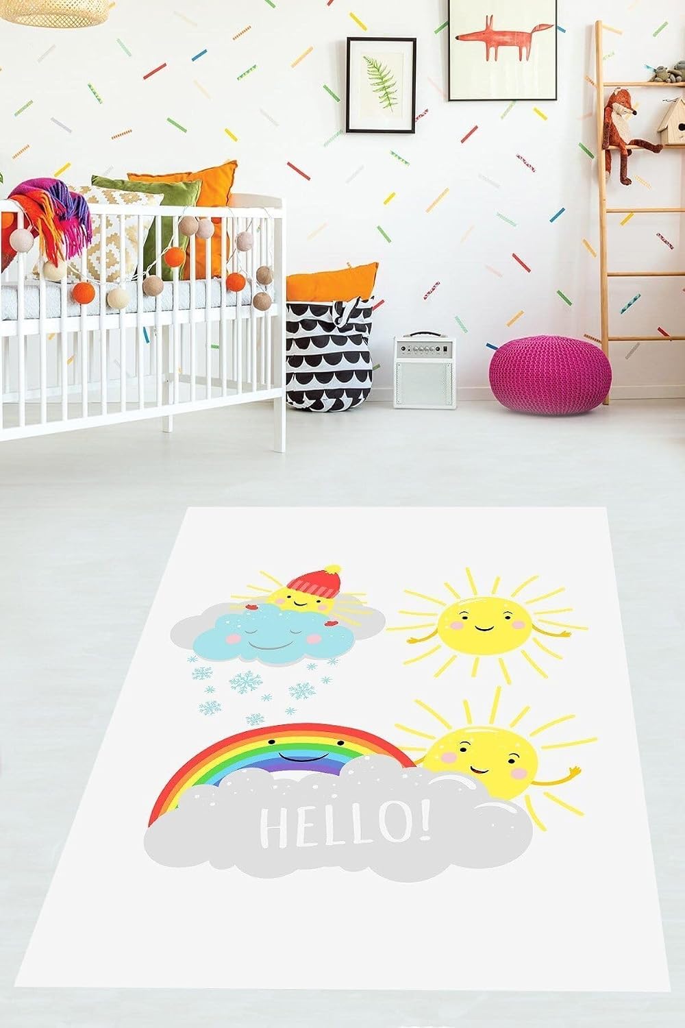 Pelangi Güneş Bulut ve Gökkuşaklı Yıkanabilir Kaymaz Taban Leke Tutmaz Çocuk Odası Halısı, Mavi-Sarı-Beyaz-Gri 180 x 300, 9038680149180300