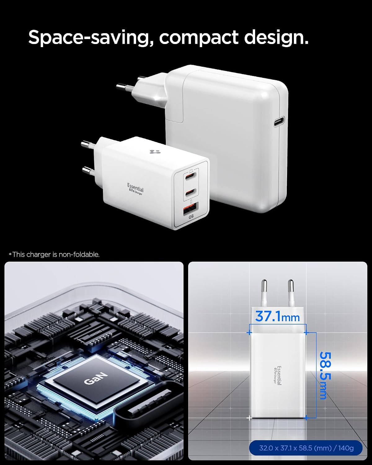 Spigen 67W USB-C + USB-A 3 Port Hızlı Şarj Aleti PPS 3.0 Super Hızlı Şarj GaN Pro Isı Düşürücü Güç Adaptörü Akım Koruma iPhone & Android & iPad & MacBook Type-C Beyaz - ACH08710 (Spigen TR Garantili)