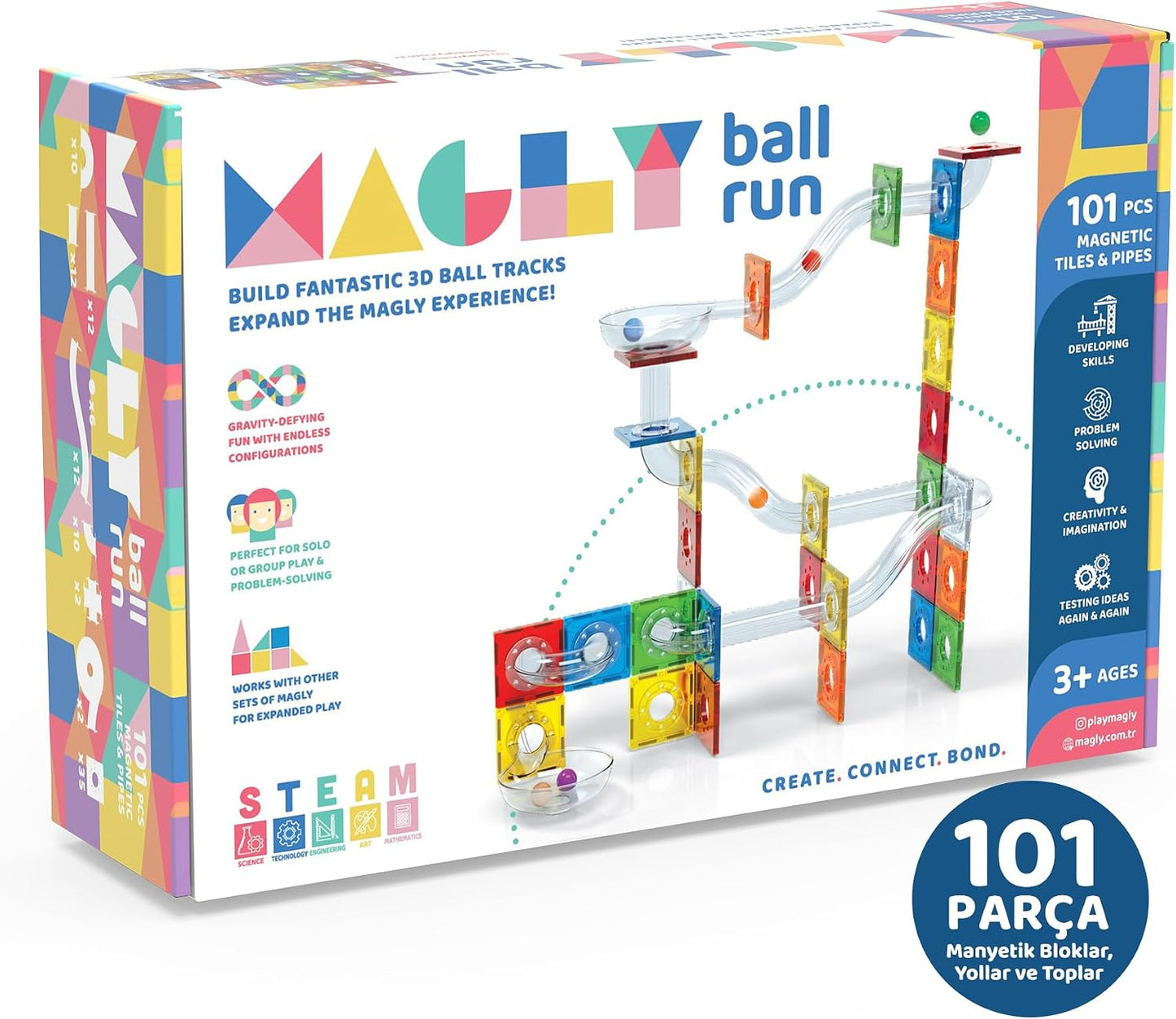 Magly Ball Run Parkur Oyunu – Çocuklar İçin Renkli 3 Boyutlu 101 Parça Yapı Seti - Manyetikler ve Yollar