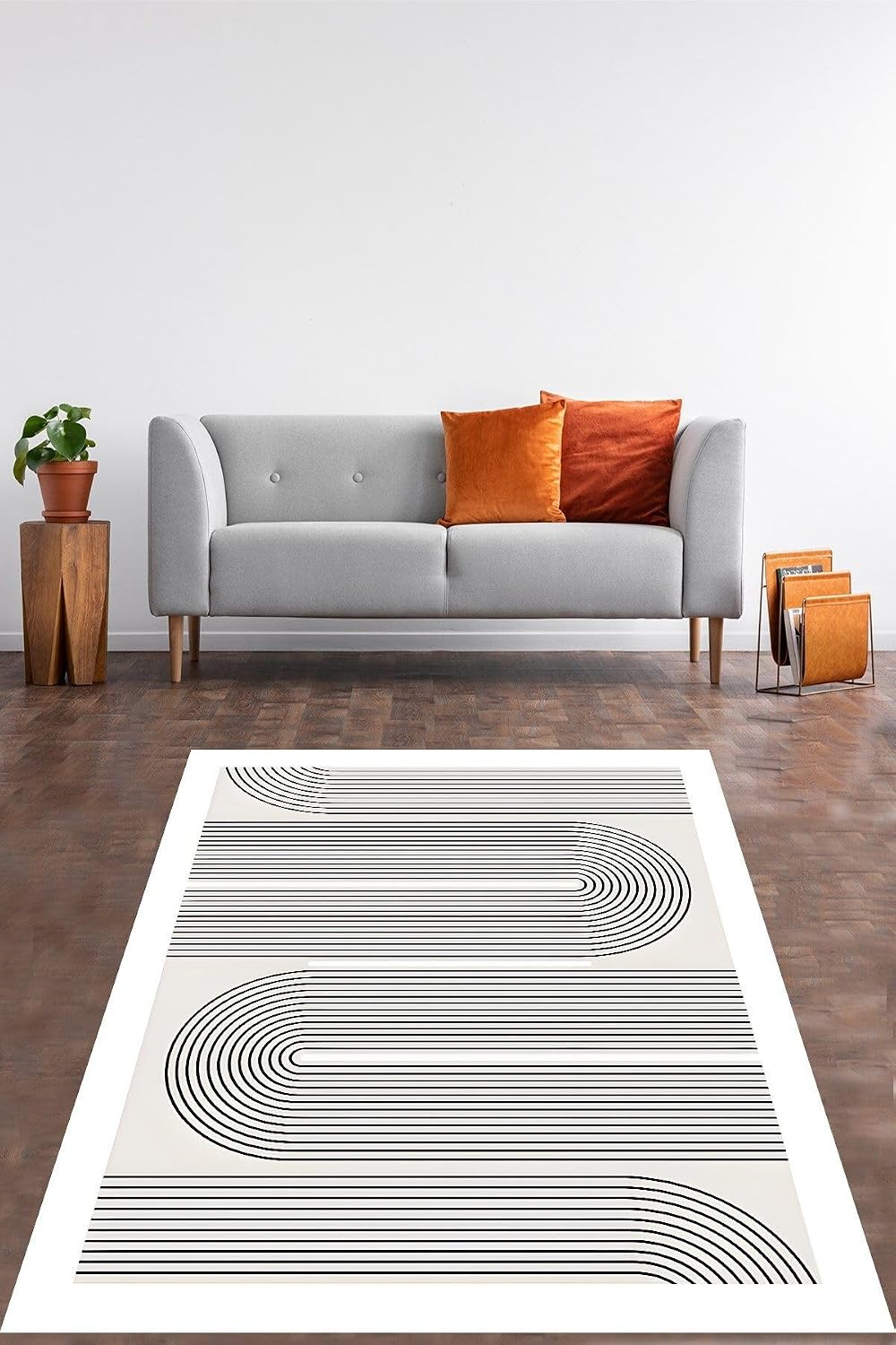 Pelangi Bohem İskandinav Siyah Çizgi Desenli Yıkanabilir Kaymaz Taban Leke Tutmaz Salon Halısı Yolluk, Gri-Siyah-Beyaz 180 x 300
